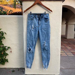 Sinner High Waisted Destroyed Hem Skinny Jeans